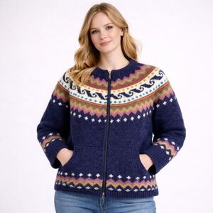 Native Knit Fair Isle Full Zip Sweater Women XL Navy Blue Wool Cotton Hand Knit